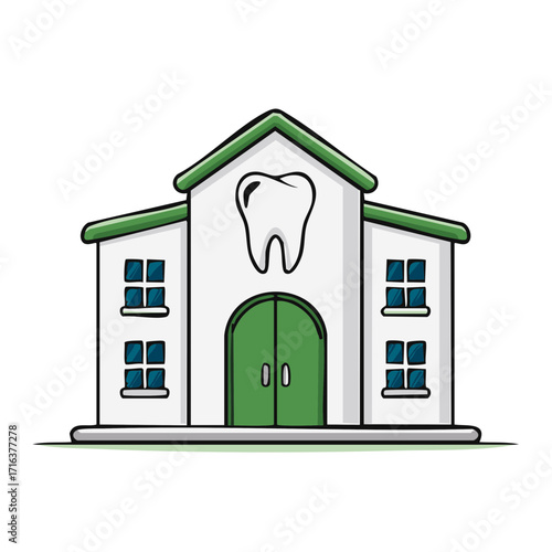 Dental clinic exterior illustration with a large tooth symbol over entrance doors