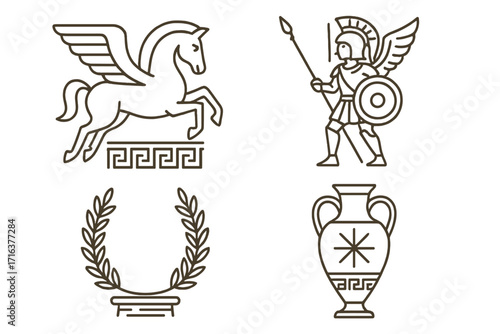 Ancient Greek mythology symbols set. Linear style icons with Pegasus, winged warrior, column, and helmet. Vector cartoon illustration of Greece myth elements on transparent background.