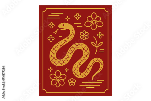 Chinese New Year 2026 Year of the Snake vector banner design. Modern geometric gold line art snake & flowers on red background for lunar new year celebration greeting card.