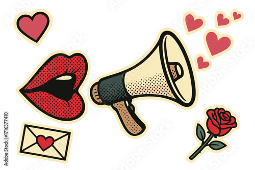 Happy Valentine's day card banner. Halftone woman's lips confess love through a megaphone, loudspeaker with hearts. Retro pop art collage with cut out symbols of passion.