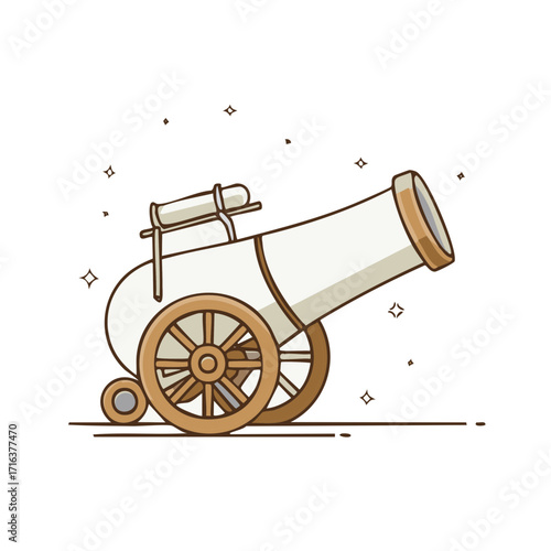 Vintage artillery cannon with wooden wheels cute cartoon vector illustration