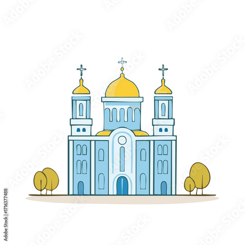 Vector illustration of a blue Orthodox cathedral with golden domes and crosses