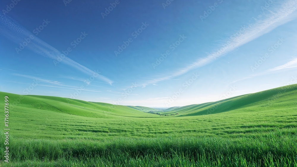 Fototapeta premium Minimalist summer landscape of a vibrant green field under a clear blue sky. A peaceful, natural background representing tranquility, nature, and open space