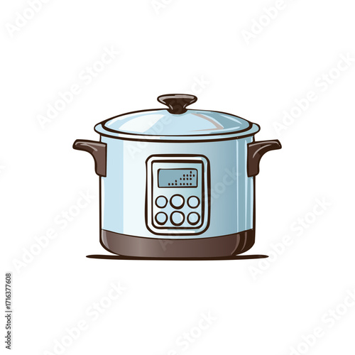 Illustration of a modern electric slow cooker with a digital display and control buttons