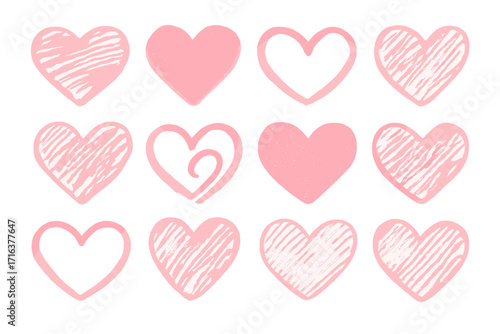 Valentine's Day hand drawn pastel hearts set, pink crayon stroke hearts collection isolated on white background, sketch of various vector heart shapes, romantic love symbols