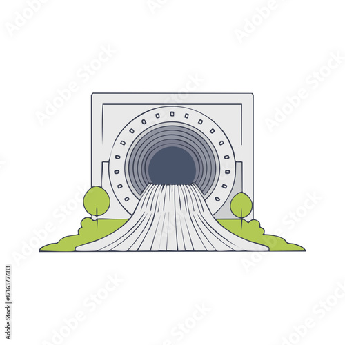 Water flowing from a large concrete culvert, a stormwater drain pipe outlet illustration on a green lawn