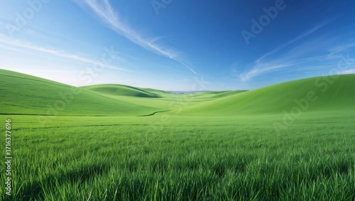 Minimalist summer landscape of a vibrant green field under a clear blue sky. A peaceful, natural background representing tranquility, nature, and open space