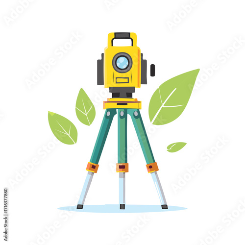 Yellow surveying total station instrument on a green tripod with leaves