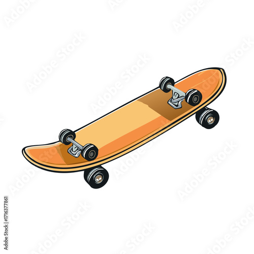 Bright orange skateboard with black wheels and metallic trucks on a white background