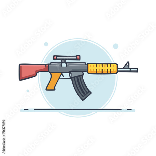 Modern stylized assault rifle with scope, flat design vector illustration featuring colorful weapon for gaming.