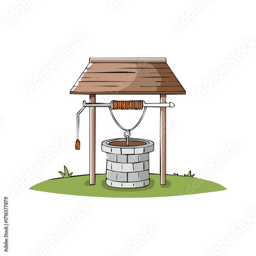 Illustration of an old well with a wooden roof on green grass, cartoon style.