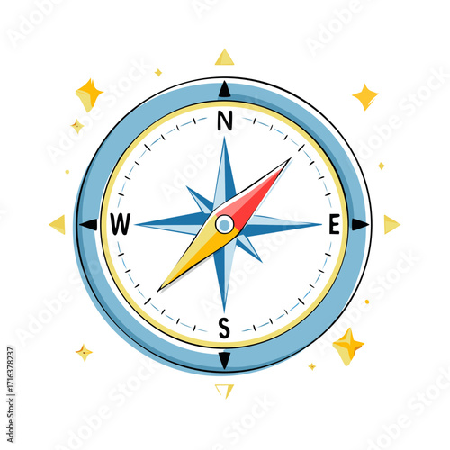 Cartoon Compass Navigation Tool for Direction Finding with East West North and South Markers