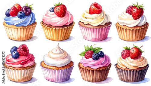 Nine delightful cupcakes, adorned with fresh berries and creamy frosting, in a vibrant watercolor style.