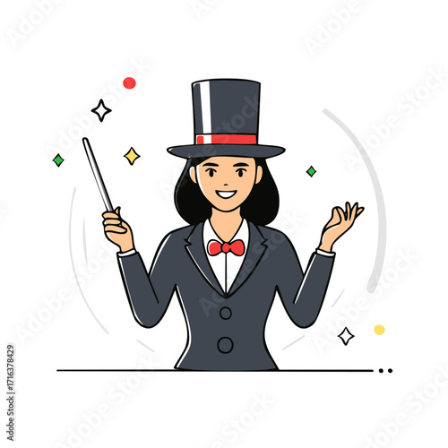 Young magician making magical gestures, wearing hat, costume, bow tie and holding magic wand, vector illustration