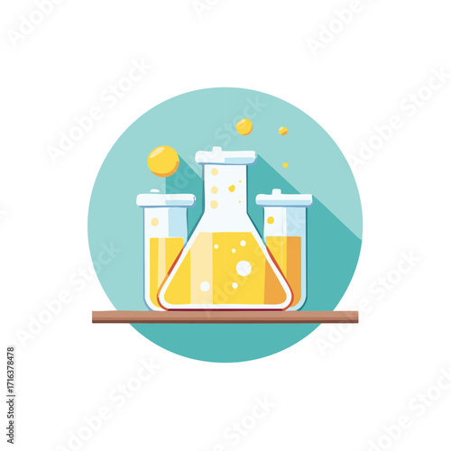 Chemistry experiment with bubbling liquid in laboratory flask and test tubes flat icon