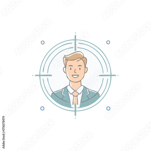 Target audience icon with smiling businessman in crosshairs for marketing and recruitment