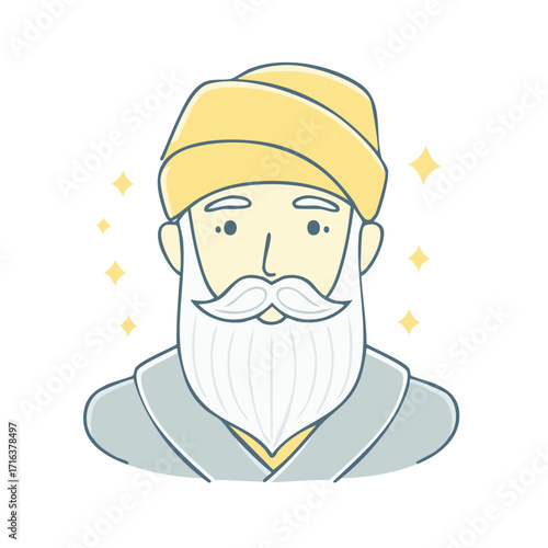 Illustration of a man with a turban and large beard. Cartoon style character with star elements.