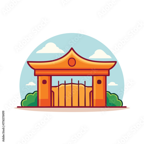 Stylized traditional orange gate with curved roof and fence in a cartoon outdoor illustration