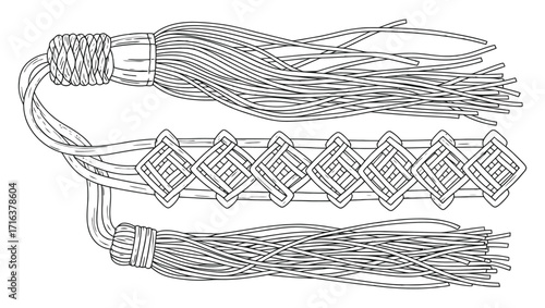 Line drawing illustration of a decorative tassel and braid element, perfect for design and ornamentation