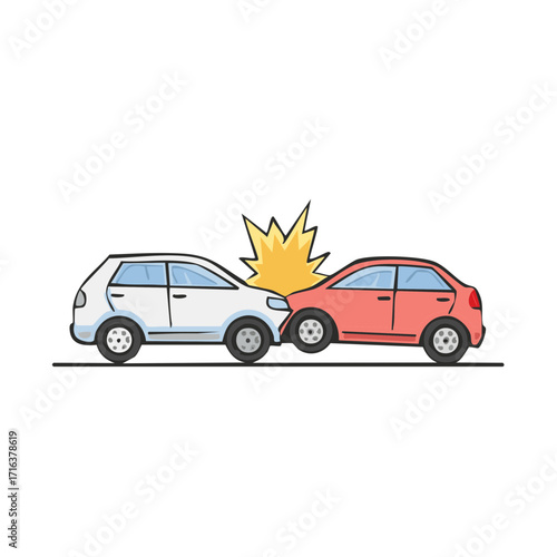 Cartoon Illustration of Car Accident with Two Vehicles Crashing Together in Colorful Art