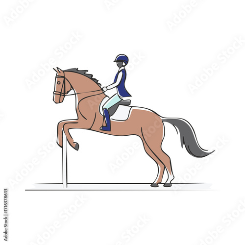 Rider jumping horse over obstacle in equestrian competition sport simple drawing