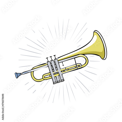 Hand drawn vector illustration of a golden trumpet, a brass musical instrument for a jazz band