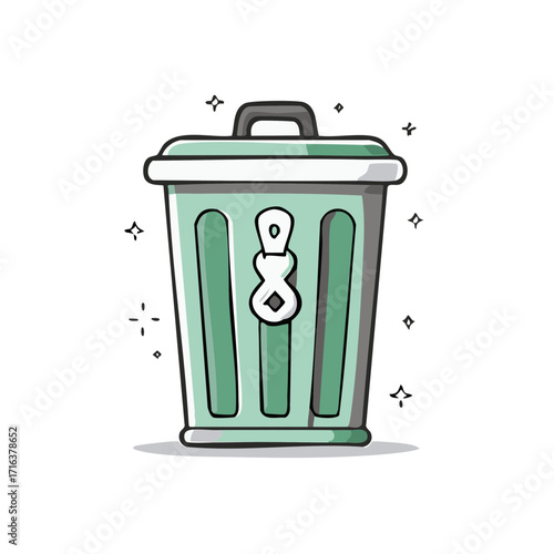 Green Hand Drawn Trash Can with Sparkles and Handle