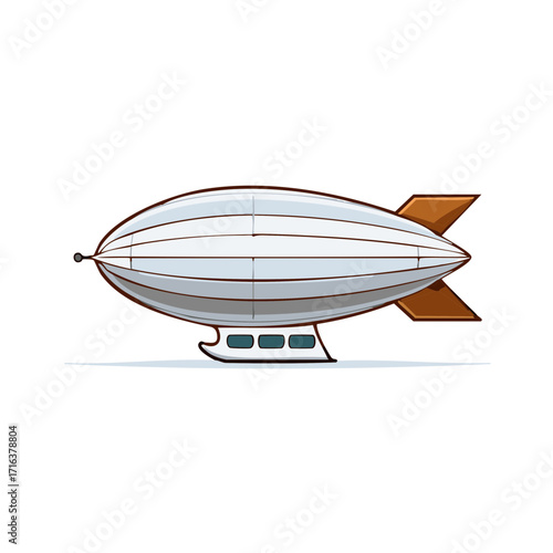 Retro airship dirigible transport balloon with gondola and fins, cartoon illustration style