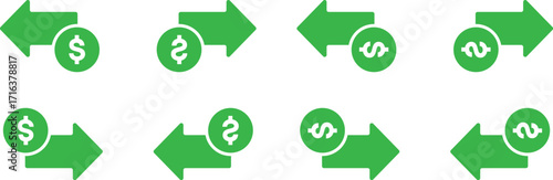 Money increase and decrease icons. Low or high total cost icon. Price, sale, rate or profit going up or down symbol with arrow and dollar sign. Vector illustration.