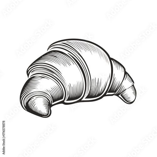 Detailed engraving of a fresh, flaky croissant, isolated vector illustration.