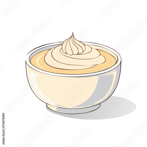 Vector illustration of custard cream in a bowl, culinary treat, sweet food, creamy topping, dessert