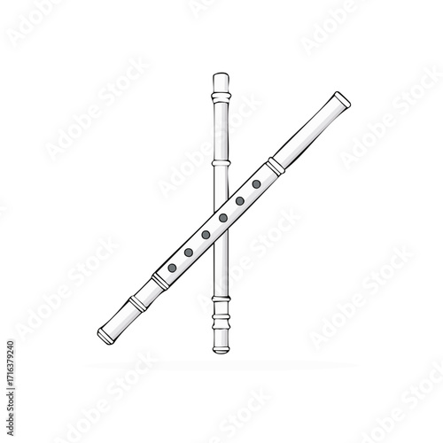 Hand drawn illustration of two crossed traditional woodwind flutes