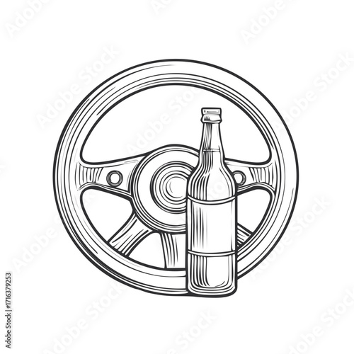 Illustration of Car Steering Wheel and Beer Bottle Symbolizing Drunk Driving Dangers