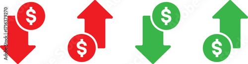 Money increase and decrease icons. Low or high total cost icon. Price, sale, rate or profit going up or down symbol with arrow and dollar sign. Vector illustration.