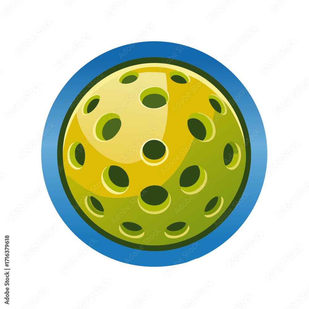 Obraz premium Yellow perforated ball illustration with blue border for sporting goods, pickleball, indoor recreation and active lifestyles. Game ball cartoon.