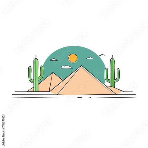 Desert pyramids and cacti landscape with the sun and clouds illustration