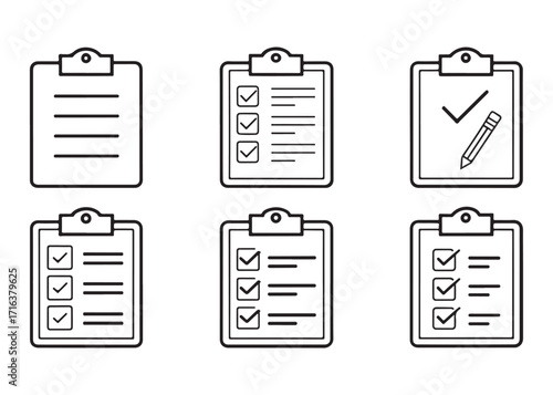 Clipboard vector icons set for task management and project organization symbolizing productivity and planning efficiency and completion with check marks