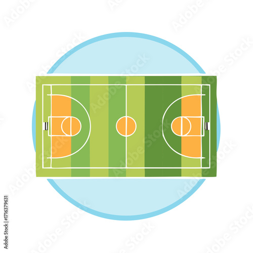 Colorful top view illustration of a modern basketball court with play zones and goal areas for sports game