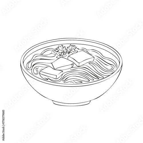 Outline drawing of a bowl of delicious Asian inspired noodles and tofu soup garnished with herbs