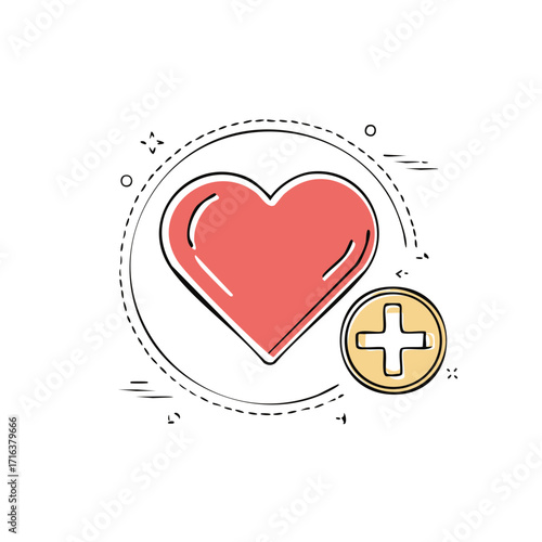 Red heart symbol with add sign, love icon for healthcare, medical concept