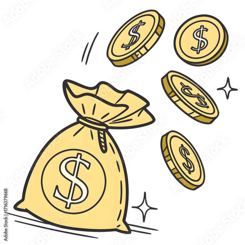 Realistic gold coins flying from open money bag symbolizing wealth and fortune