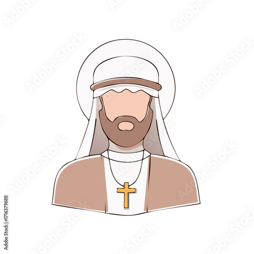 Illustration of bearded man with a cross necklace and halo representing religious faith