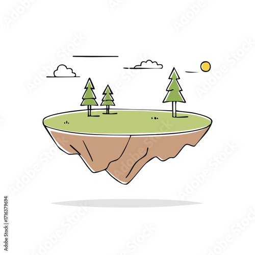 Hand drawn cartoon illustration of a floating island with green grass and pine trees