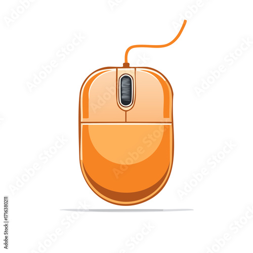Orange computer mouse with cord and scroll wheel vector illustration for technology and office concepts