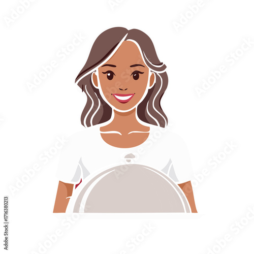 Smiling server with a cloche serving plate, waitress or catering concept in flat style illustration, brunette hair