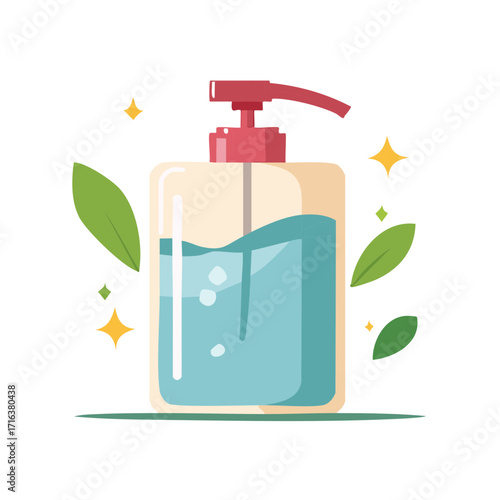 Sanitizer pump dispenser with leaves and sparkles clean concept