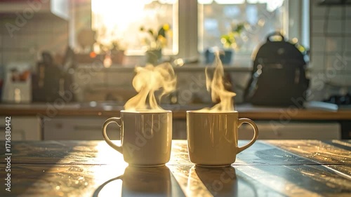 Steaming coffee rising in cozy kitchen setting