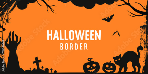 Halloween border with spooky silhouettes - tombstones, pumpkins, black cat, zombie hand, bats, etc. Dark frame design on orange background, ideal for party invitation, banner, holiday decorations.