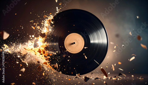 Vinyl disc breaking apart with fiery shards and flying fragments, captured in high detail to symbolize impact, power, and dramatic abstract motion.