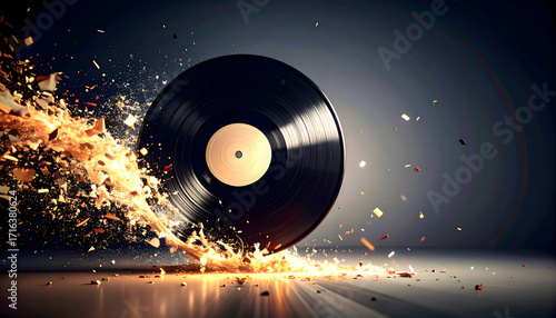 Black vinyl record bursting with glowing sparks and fragments, captured in a powerful abstract scene full of motion, impact, and modern energy.